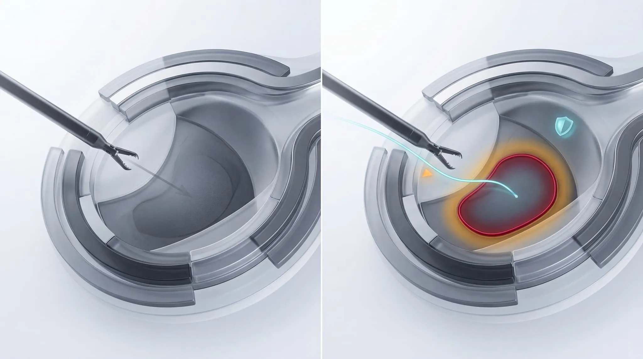 Comparison of unguided surgical view (left) versus CardioVis-guided view with visible hazard overlays (right)